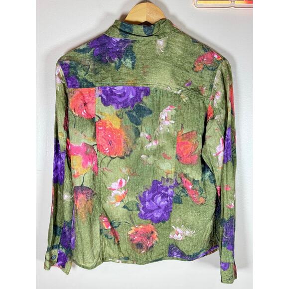 VTG 90s Womens 100% Linen Jacket Shirt Floral Chicos Cottage Coastal Medium - Picture 2 of 6